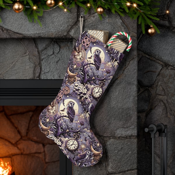 Potterhead Christmas Stocking | Owls, Clocks, and Stars Holiday Decor | Fantasy-Themed Festive Holiday Stocking | Wizardly Christmas Decor