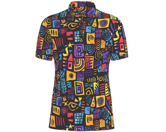 Urban Tribal Matrix Men's Golf Shirt - Bold Abstract African Print Polo, Light Stretch Fabric Athletic Apparel