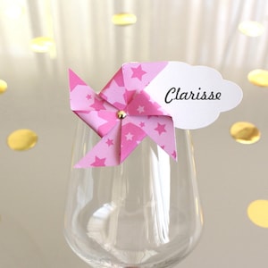 Marque-verre Marque-place Moulin à vent et Nuage étoiles roses, Déco table fête, Cadeaux invités baptême communion 1er anniversaire