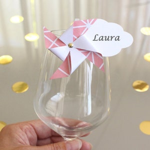 Marque-verre Marque-place Moulin à vent et Nuage scandinave rose, Cadeaux invités, déco table baptême communion 1er anniversaire