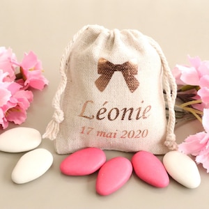 Pochons personnalisés pour dragées Nœud rose gold baptême communion, Ballotins sachets dragées
