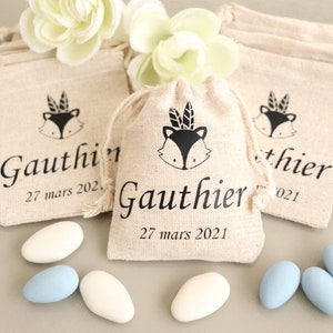 Personalized Indian Fox pouches for baptism communion birthday sugared almonds, Ballotin sugared almond sachet