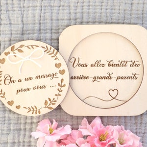 Coffret surprise en bois Couronne feuillage et coeurs pour annonce personnalisée grossesse bébé naissance, Futur papa grands-parents
