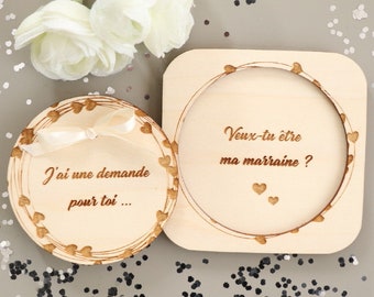 Coffret surprise en bois Couronne cœurs pour demande personnalisée mariage parrain marraine témoin