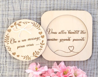 Wooden surprise box Crown foliage and hearts for personalized pregnancy baby birth announcement, Future dad grandparents