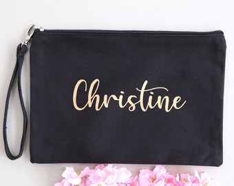 Pochette trousse noire dragonne personnalisée avec un prénom, Cadeau fête des mères marraine, EVJF, amie