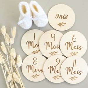 Cartes étapes bébé en bois gravé feuillage, x6 Recto-verso 12mois,  + Carte naissance prénom, Cadeau de naissance, photo mensuelle bébé