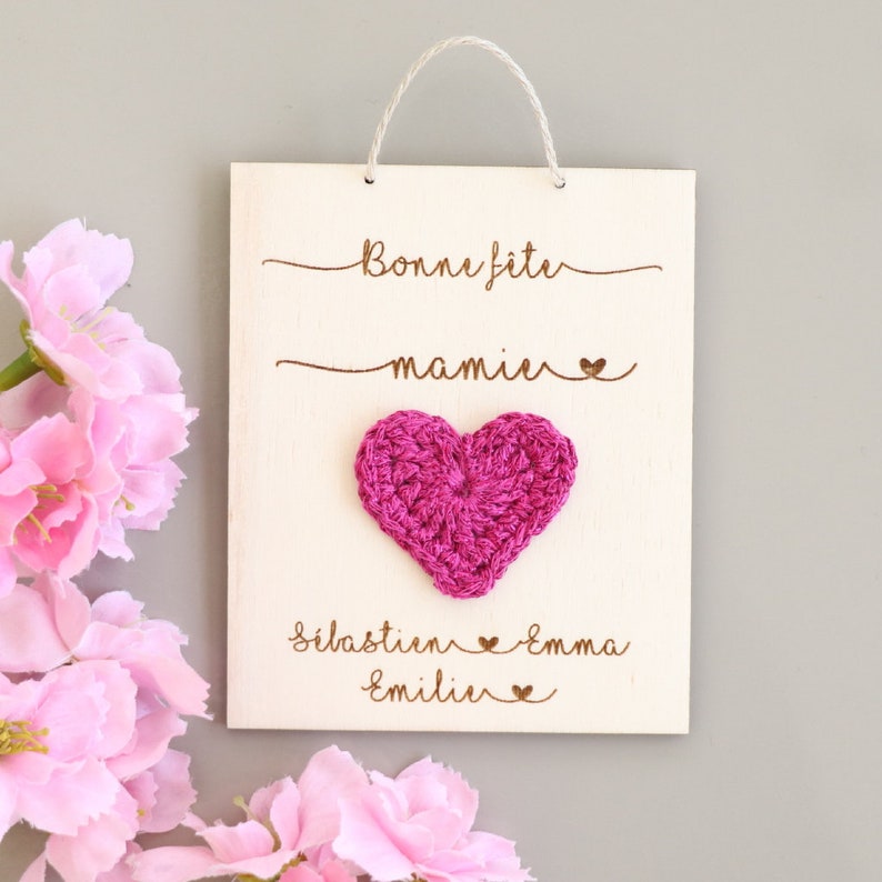 Carte en bois à personnaliser coeur au crochet, Fête des mères, Fête des grands mères image 3