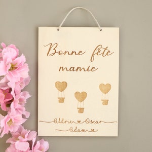Affichette carte en bois à personnaliser Cœurs montgolfières Fête des mères Fête des grands mères