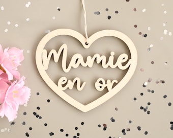 Suspension cœur en bois Étiquette à personnaliser, Cadeau Fête des mères, Cadeau mamie marraine