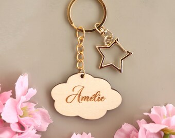 Wooden cloud keychain personalized with a name, star ring, Children's gift, school bag label