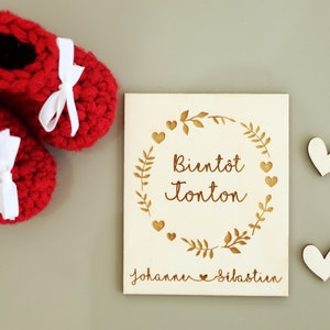Carte en bois à personnaliser Couronne cœurs et fleurs, Annonce bébé grossesse, Demande parraine marraine témoin
