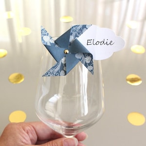 Marque-verre Marque-place Moulin à vent et Nuage bleu ardoise, Cadeaux invités Déco table baptême communion anniversaire