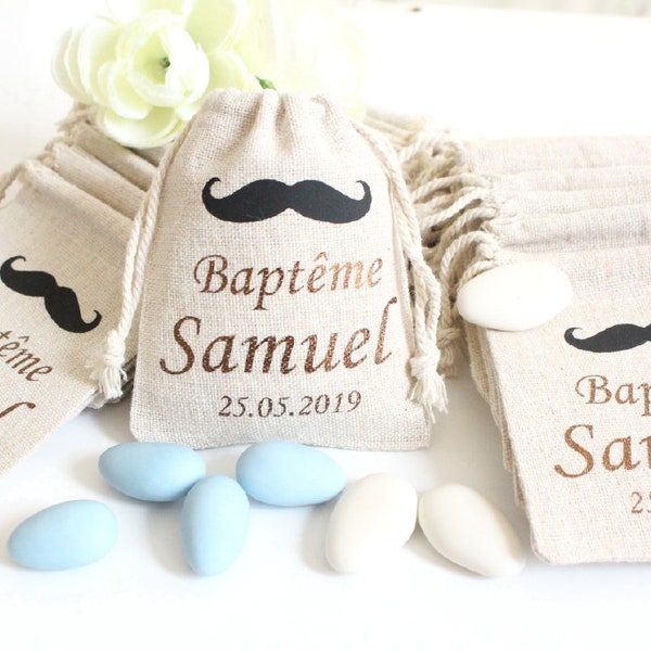 Pochons personnalisés Moustache pour dragées baptême mariage communion profession de foi, Ballotin sachet dragées