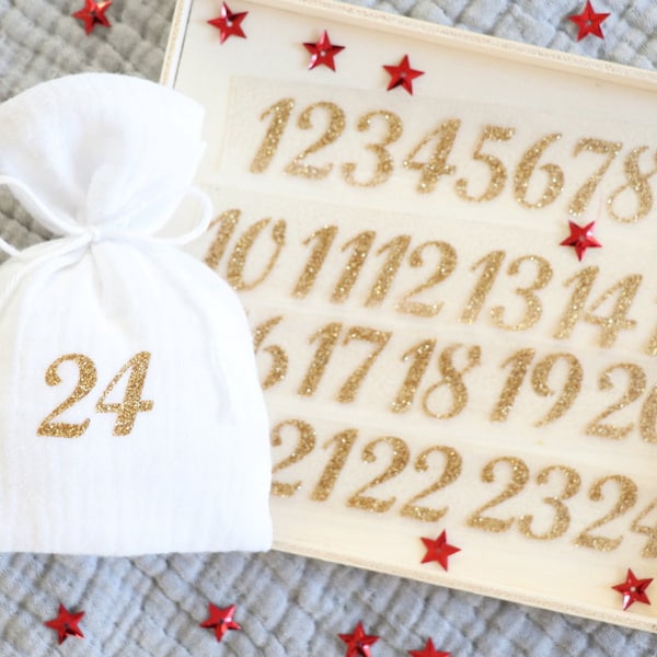 Chiffres de l'Avent x24, Numéros en flex appliqué thermocollant, étiquettes transfert de Noël x24 pour calendrier de l'Avent, Déco Noël DIY