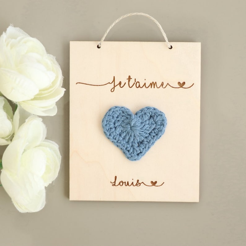 Carte en bois à personnaliser coeur au crochet, Fête des mères, Fête des grands mères image 1
