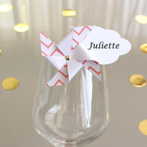 Marque-verre Marque-place Moulin à vent et Nuage scandinave orangé, Cadeaux invités baptême communion 1er anniversaire