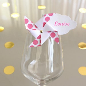 Marque-verre Marque-place Moulin à vent et Nuage gros pois rose, Cadeaux invités, déco table baptême communion anniersaire