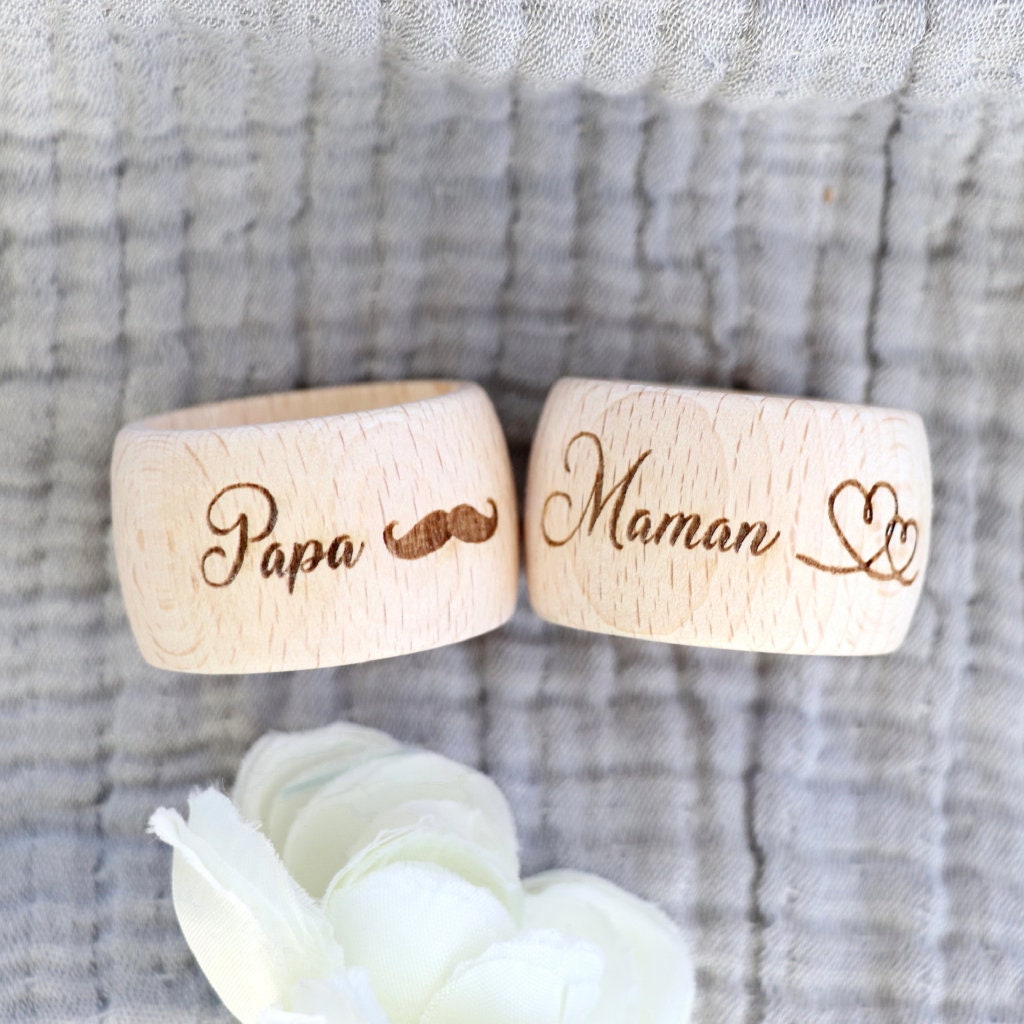 Duo de Ronds Serviette en Bois Papa/Maman Papi/Mamie, Zéro Déchet