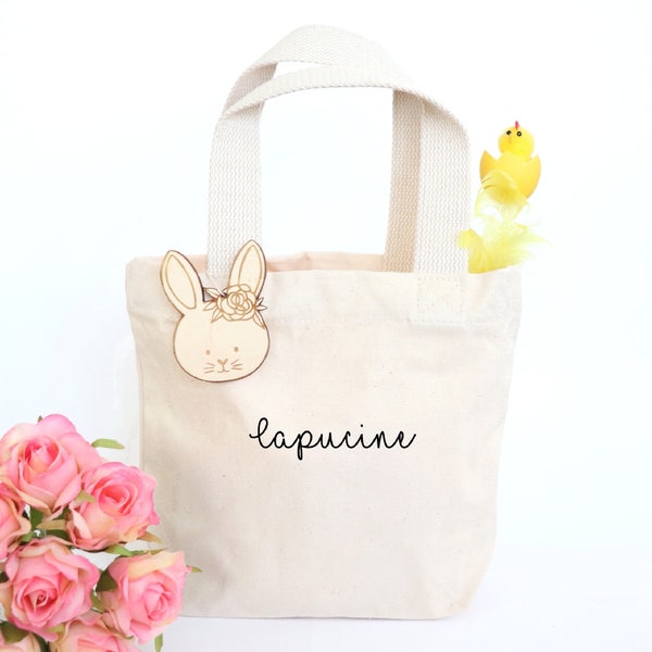 Sac panier de Pâques personnalisé Lapin en bois avec un prénom, Pâques enfant bébé, Mini sac récolte oeufs