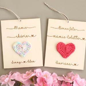 Carte en bois à personnaliser coeur au crochet, Fête des mères, Fête des grands mères image 5