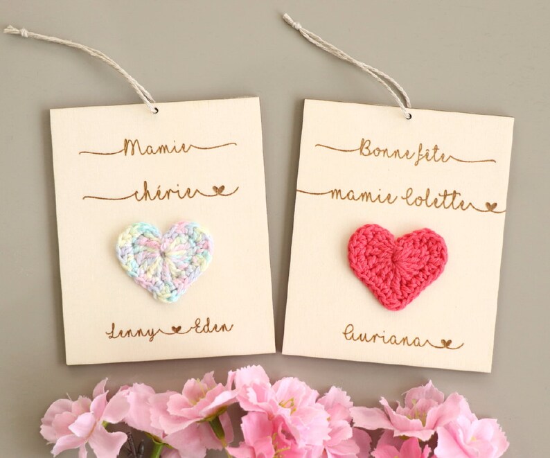 Carte en bois à personnaliser coeur au crochet, Fête des mères, Fête des grands mères image 5