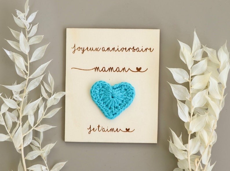 Carte en bois à personnaliser coeur au crochet, Fête des mères, Fête des grands mères image 2