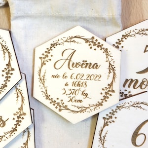 Carte naissance en bois Hexagonale gravure personnalisée avec prénom ou mot, Cadeau de naissance, photo annonce naissance bébé