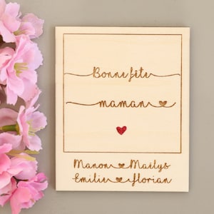 Carte en bois à personnaliser cœur rouge, Cadeau Fête des mères, des pères, mamie, St Valentin, naissance