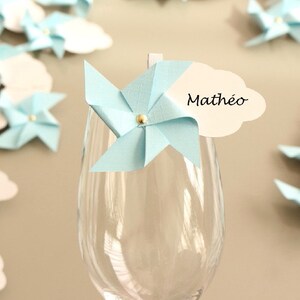 Marque-verre Marque-place Moulin à vent et Nuage bleu ciel, Marque place déco table, Cadeaux invités baptême communion