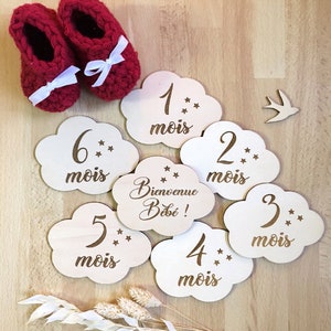 Cartes étapes bébé en bois forme "Nuage", x6 Recto-verso 12mois, Cadeau de naissance, photos bébé Baby shower