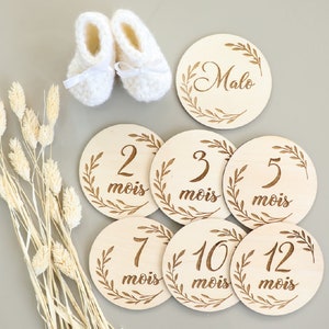 Cartes étapes bébé en bois gravé "Couronne feuilles", x6 Recto-verso 12mois,  + Carte naissance prénom, Cadeau de naissance, photos bébé