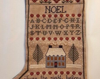 Handmade Christmas Stocking, Cross Stitch and embroidery with a velvet green backing. Free Shipping