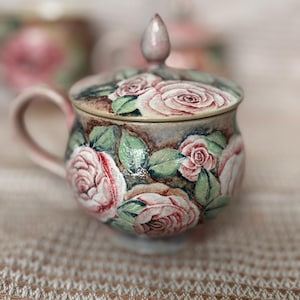 Hand Painted Floral Ceramic Mug – Romantic Rose Pottery Cup – One of a Kind Artisan Mug