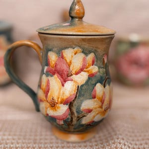 Hand Painted Floral Ceramic Mug – Romantic Rose Pottery Cup – One of a Kind Artisan Mug