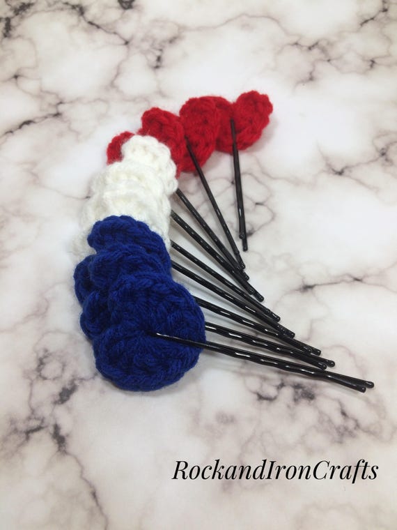 Red White And Blue Heart Hair Clips Crochet Hair Pins Etsy