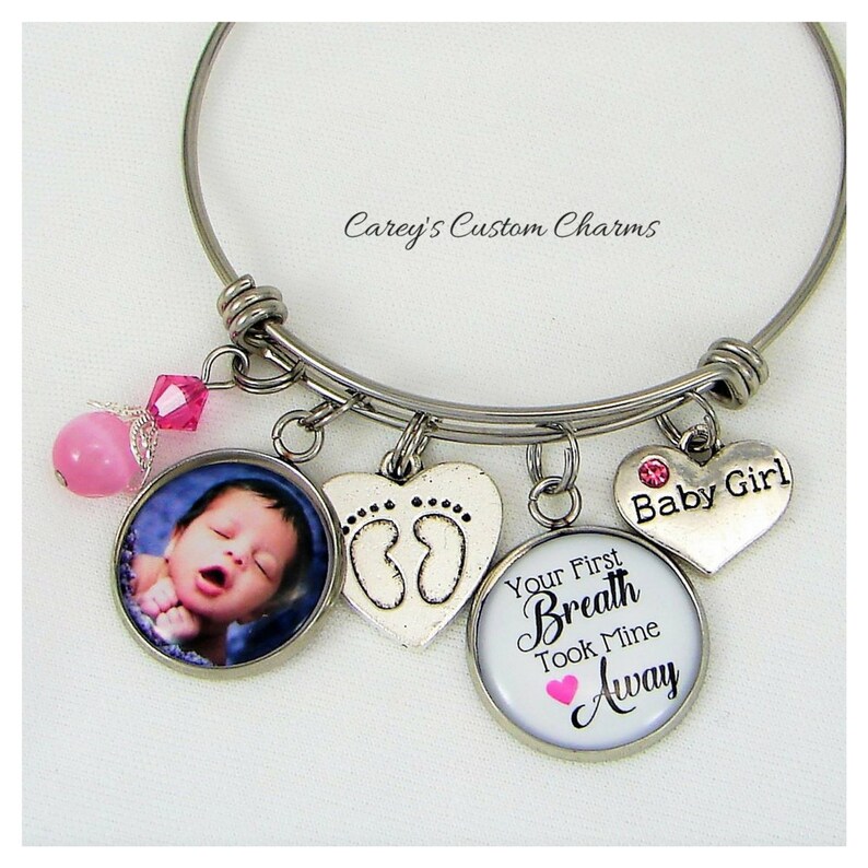 Congratulations Gift New Mom Baby Girl Your First Breath Took Mine Away Custom Photo Charm Bracelet Gift For New Mom Gift For New Grandma