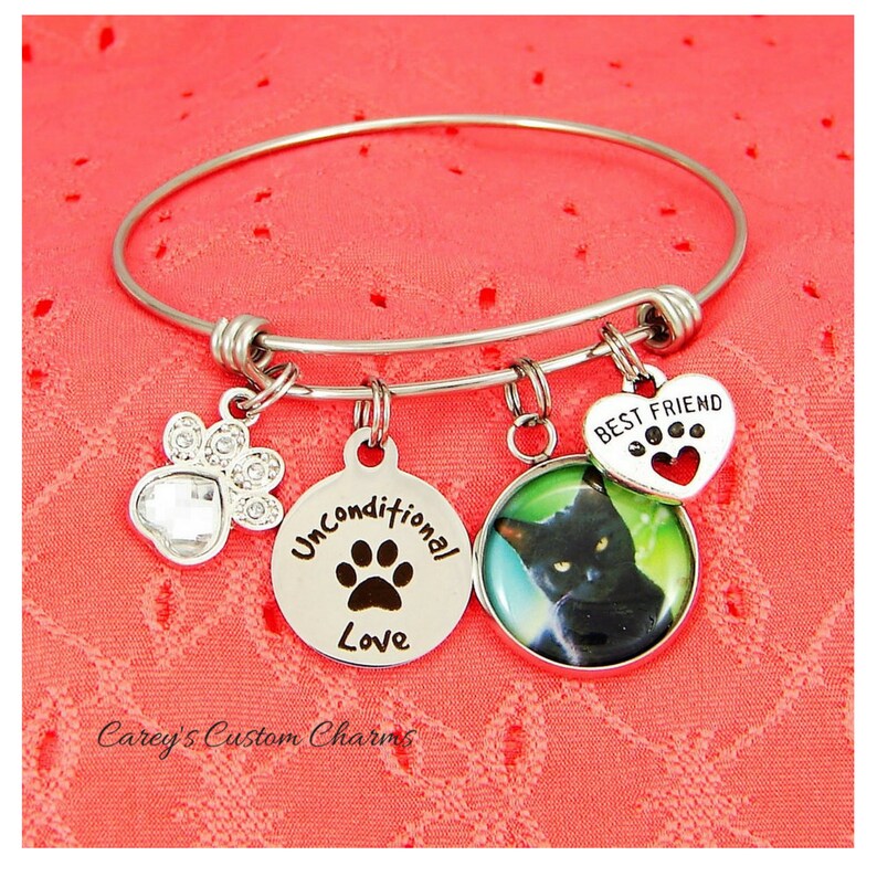 Unconditional Love Custom Photo Charm Bracelet Kitten Jewelry Cat Best Friend Gift For Cat Lover Picture Charm Rhinestone Paw Print