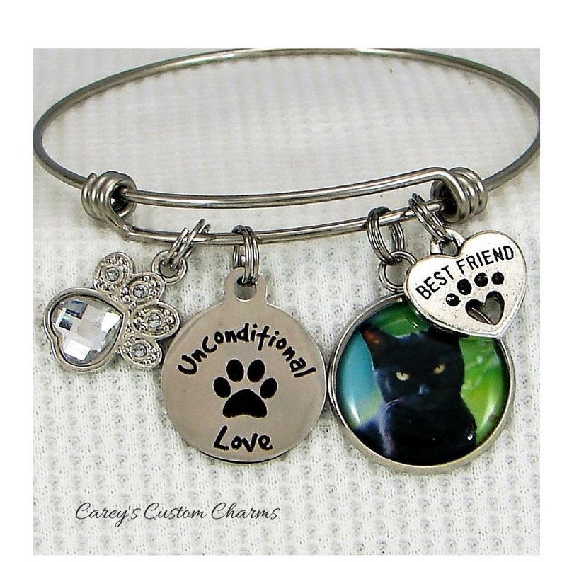 Unconditional Love Custom Photo Charm Bracelet Kitten Jewelry Cat Best Friend Gift For Cat Lover Picture Charm Rhinestone Paw Print