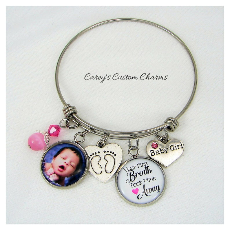 Congratulations Gift New Mom Baby Girl Your First Breath Took Mine Away Custom Photo Charm Bracelet Gift For New Mom Gift For New Grandma
