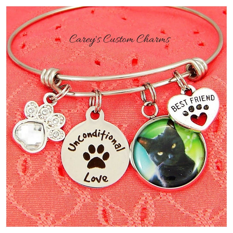 Unconditional Love Custom Photo Charm Bracelet Kitten Jewelry Cat Best Friend Gift For Cat Lover Picture Charm Rhinestone Paw Print