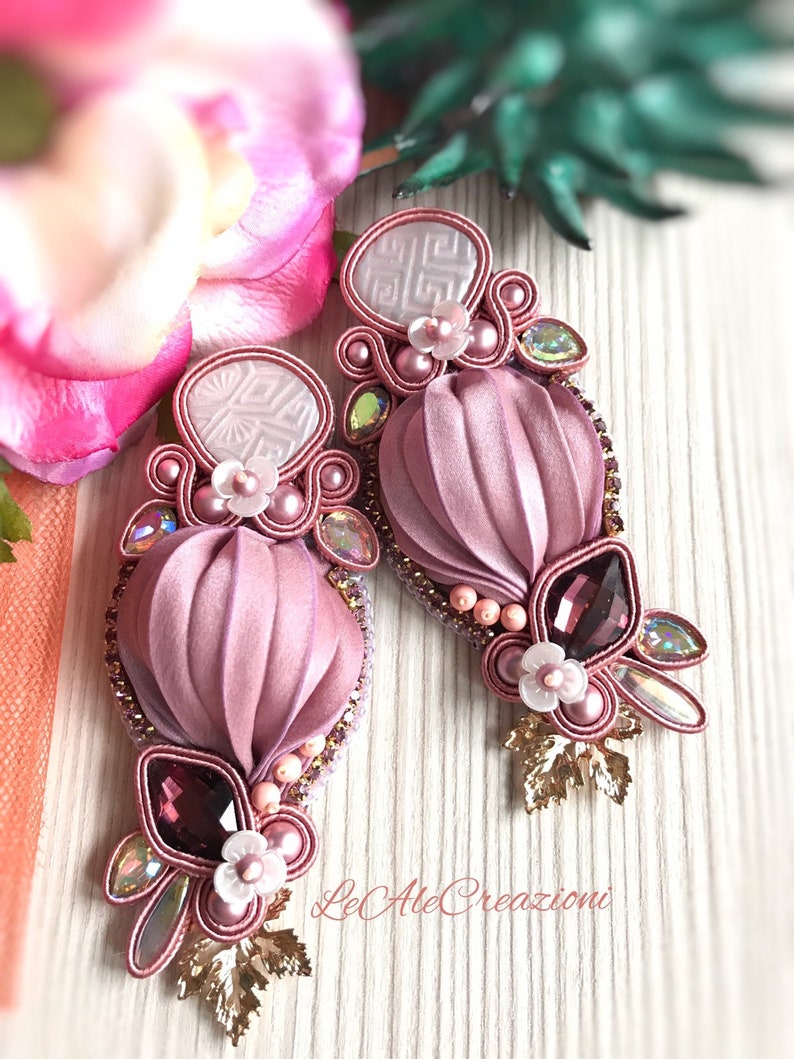 Pink powder stud long earrings San Valentine day gift. Silk shibori soutache embroidery earrings Italian soutache jewelry
