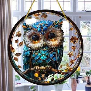 Handmade Stained Glass Owl Suncatcher, Unique Bird Art, Perfect Gift for Mom, Romantic Ornament for Her, Window Hanging Décor, Magical Bird