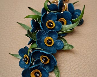 Forget Me Not Leather Flower Bag Charm, Handmade Floral Purse Charm, Symbolic Gift for Her, Anniversary or Memorial Jewelry Charm