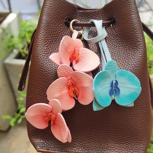 Leather Orchid Bag Charm, Handmade Flower Collection, Flower Keychain Purse Charm, Hanging Accessories, Floral Gift For Him Her
