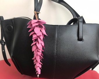 Handmade Leather Wisteria Bag Charm, Hand-Painted Purse Keychain