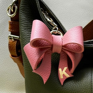 Handmade Leather Bow Name Initial Keychain, Personalized Handmade Leather Keychain, Bow Purse Charm, Bag Charm Accessories