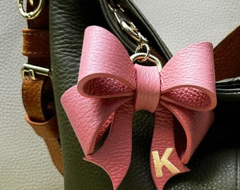 Handmade Leather Bow Name Initial Keychain, Personalized Handmade Leather Keychain, Bow Purse Charm, Bag Charm Accessories