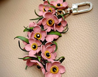 Forget Me Not Leather Flower Bag Charm, Handmade Floral Purse Charm, Gift for Her, Anniversary Jewelry, Spring Floral Charm