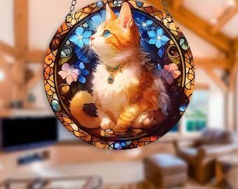 Handmade Sunflower Orange Cat Suncatcher, Cat Stained Glass Window Hanging. Beautiful Window Decor, Birthday or Cat Lover Gift, Gift for Her